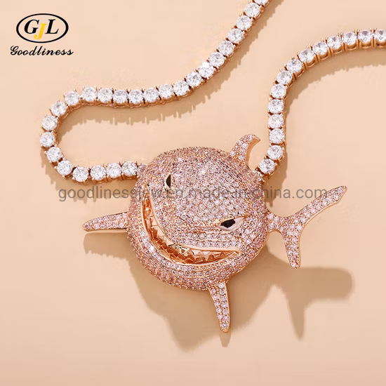 New Iced out Bling Full Cubic Zircon Shark Pendant Necklace Fashion Star Designer Hip Hop Jewelry