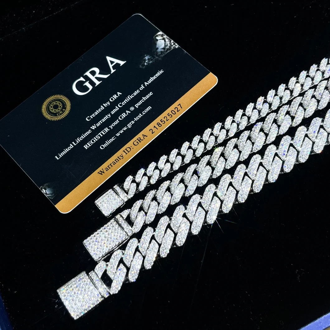 7/8/9 Inches Cuban Link 925 Sterling Silver 14K Gold Plated Cuban Link Chain 12mm 2row Vvs Moissanite Cuban Chain