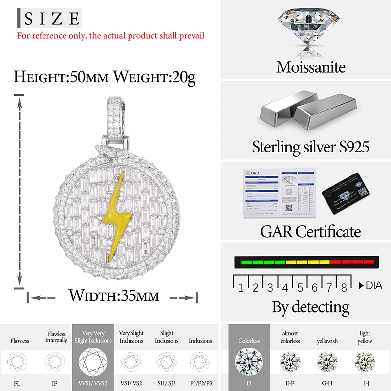 2023 New Design Hip Hop Jewelry 925 Sterling Silver Baguette Vvs Moissanite Diamond Enamel Plated Lightning Round Tag Pendant