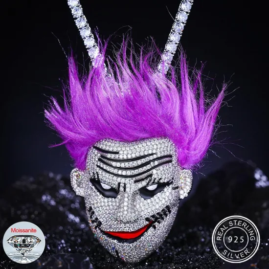 Fancy Purple Hair Guy Gioielli Hip Hop Argento sterling 925 Pass Diamond Tester Vvs Moissanite Iced Out Clown Ciondolo con catena