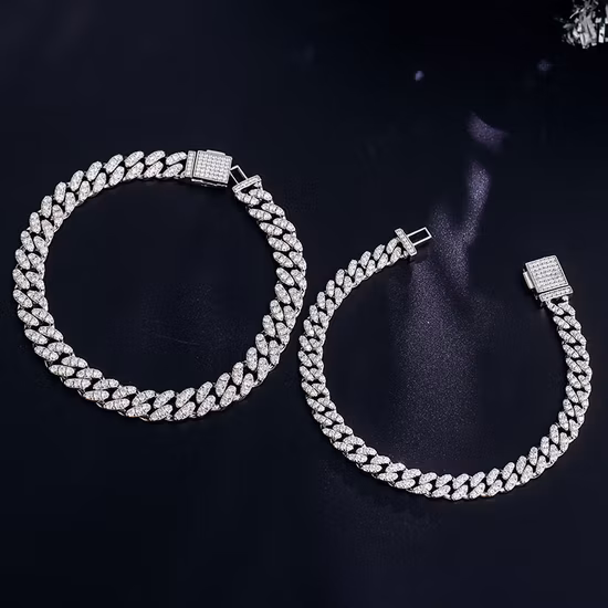 Moissanite 6mm 8mm 10mm 7-9 pollici Argento Moissanite Bracciale a maglie cubane Placcato in rodio Stile Hiphop per uomo